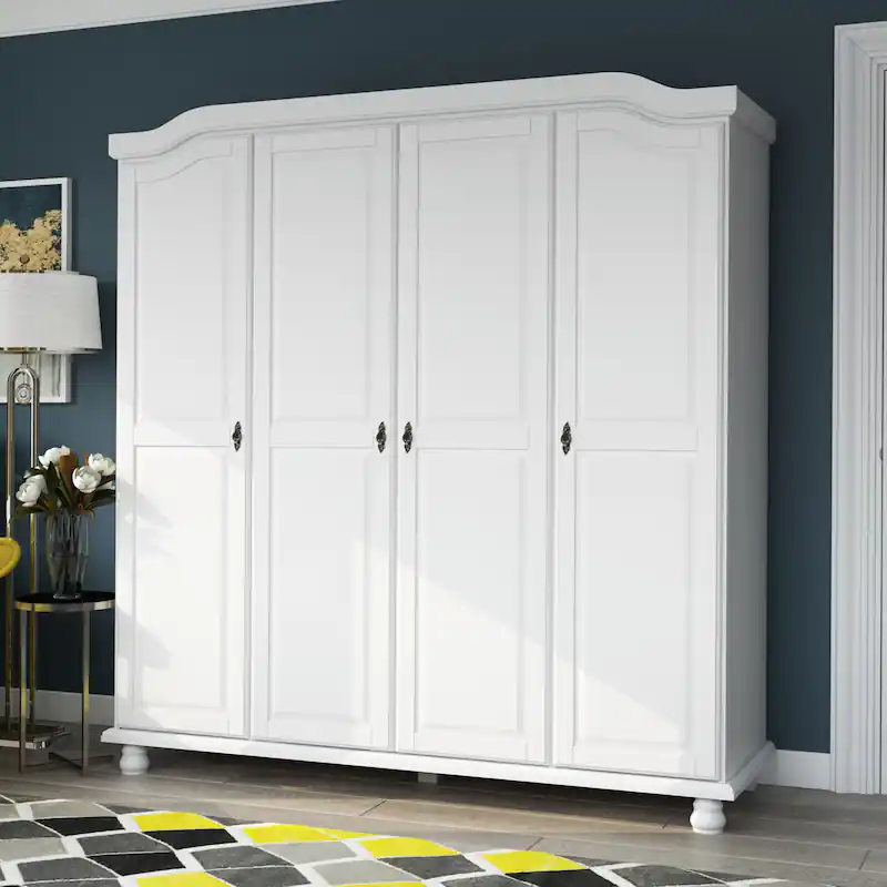 100% Solid Wood Wardrobe Armoire, 4-Door Closet Storage Cabinet,